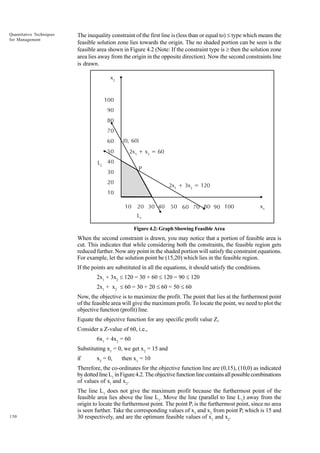 Quantitative Techniques
for Management

The inequality constraint of the first line is (less than or equal to) £ type which means the
feasible solution zone lies towards the origin. The no shaded portion can be seen is the
feasible area shown in Figure 4.2 (Note: If the constraint type is ³ then the solution zone
area lies away from the origin in the opposite direction). Now the second constraints line
is drawn.
x2
100
90
80
70
60
50

(0, 60)
2x1 + x2 = 60

L2 40

P

30
20

2x1 + 3x2 = 120

10
10

20 30 40

50 60 70 80 90 100

x1

L1
Figure 4.2: Graph Showing Feasible Area

When the second constraint is drawn, you may notice that a portion of feasible area is
cut. This indicates that while considering both the constraints, the feasible region gets
reduced further. Now any point in the shaded portion will satisfy the constraint equations.
For example, let the solution point be (15,20) which lies in the feasible region.
If the points are substituted in all the equations, it should satisfy the conditions.
2x1 + 3x2 £ 120 = 30 + 60 £ 120 = 90 £ 120
2x1 + x2 £ 60 = 30 + 20 £ 60 = 50 £ 60
Now, the objective is to maximize the profit. The point that lies at the furthermost point
of the feasible area will give the maximum profit. To locate the point, we need to plot the
objective function (profit) line.
Equate the objective function for any specific profit value Z,
Consider a Z-value of 60, i.e.,
6x1 + 4x2 = 60
Substituting x1 = 0, we get x2 = 15 and
if

x2 = 0,

then x1 = 10

Therefore, the co-ordinates for the objective function line are (0,15), (10,0) as indicated
by dotted line L1 in Figure 4.2. The objective function line contains all possible combinations
of values of xl and x2.

130

The line L1 does not give the maximum profit because the furthermost point of the
feasible area lies above the line L1. Move the line (parallel to line L1) away from the
origin to locate the furthermost point. The point P, is the furthermost point, since no area
is seen further. Take the corresponding values of x1 and x2 from point P, which is 15 and
30 respectively, and are the optimum feasible values of x1 and x2.

 