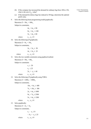 (b)
(c)
9.

If the company has increased the demand for ordinary bag from 100 to 150,
what is the new Zmax value?

Linear Programming:
Graphical Method

If the demand for deluxe bags has reduced to 50 bags, determine the optimal
profit value.

Solve the following linear programming model graphically:
Maximize Z = 30x1 + 100x2
Subject to constraints,
4x1 + 6x2 £ 90
8x1 + 6x2 £ 100
5x1 + 4x2 £ 80
where

x1 , x2 ³ 0

10. Solve the following LP graphically:
Maximize Z = 8x1 + 10x2
Subject to constraints,
2x1 + 3x2 ³ 20
4x1 + 2x2 ³ 25
where
11.

x1 , x2 ³ 0

Solve the two variable constraints using graphical method.
Maximize Z = 50x1 + 40x2
Subject to constraints
x1 ³ 20
x2 £ 25
2x1 + x2 £ 60
where

x1 , x2 ³ 0

12. Solve the following LP graphically using TORA.
Maximize Z = 1200x1 + 1000x2
Subject to constraints,
10x1 + 4x2 ³ 600
7x1 + 10x2 ³ 300
2x1 + 4x2 £ 1000
9x1 + 7x2 £ 2500
5x1 + 4x2 £ 1200
where

x1 , x2 ³ 0

13. Solve graphically:
Maximize Z = 2x1 + 3x2
Subject to constraints,
x1 – x2 £ 0
– 3x1 + x2 £ 25
where

x1 , x2 ³ 0

141

 