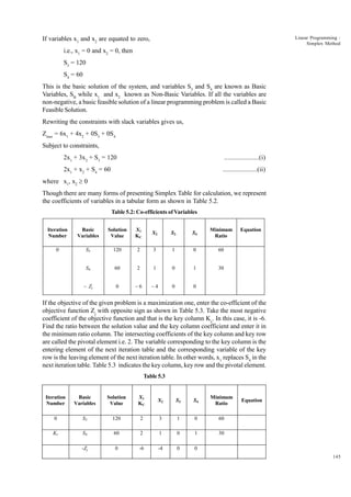 Linear Programming :
Simplex Method

If variables x1 and x2 are equated to zero,
i.e., x1 = 0 and x2 = 0, then
S3 = 120
S4 = 60
This is the basic solution of the system, and variables S3 and S4 are known as Basic
Variables, SB while x1 and x2 known as Non-Basic Variables. If all the variables are
non-negative, a basic feasible solution of a linear programming problem is called a Basic
Feasible Solution.
Rewriting the constraints with slack variables gives us,
Zmax = 6x1 + 4x2 + 0S3 + 0S4
Subject to constraints,
2x1 + 3x2 + S3 = 120

....................(i)

2x1 + x2 + S4 = 60

....................(ii)

where x1, x2 ³ 0
Though there are many forms of presenting Simplex Table for calculation, we represent
the coefficients of variables in a tabular form as shown in Table 5.2.
Table 5.2: Co-efficients of Variables
Iteration
Number

Basic
Variables

Solution
Value

X1
KC

X2

S3

S4

Minimum
Ratio

0

S3

120

2

3

1

0

60

S4

60

2

1

0

1

30

– Zj

0

–6

–4

0

Equation

0

If the objective of the given problem is a maximization one, enter the co-efficient of the
objective function Zj with opposite sign as shown in Table 5.3. Take the most negative
coefficient of the objective function and that is the key column Kc. In this case, it is -6.
Find the ratio between the solution value and the key column coefficient and enter it in
the minimum ratio column. The intersecting coefficients of the key column and key row
are called the pivotal element i.e. 2. The variable corresponding to the key column is the
entering element of the next iteration table and the corresponding variable of the key
row is the leaving element of the next iteration table. In other words, x1 replaces S4 in the
next iteration table. Table 5.3 indicates the key column, key row and the pivotal element.
Table 5.3

Iteration
Number

Basic
Variables

Solution
Value

X1
KC

X2

S3

S4

Minimum
Ratio

0

S3

120

2

3

1

0

60

Kr

S4

60

2

1

0

1

30

-Zj

0

-6

-4

0

0

Equation

145

 