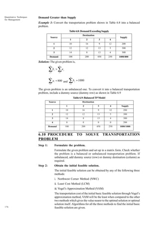 Quantitative Techniques
for Management

Demand Greater than Supply
Example 3: Convert the transportation problem shown in Table 6.8 into a balanced
problem.
Table 6.8: Demand Exceeding Supply
Destination

Source

Supply

1

2

3

4

1

10

16

9

12

200

2

12

12

13

5

300

3

14

8

13

4

300

Demand

100

200

450

250

1000/800

Solution: The given problem is,

∑ ∑a
4

bj >

j =1

3

j

i=1

∑ a = 800 and ∑b
4

3

i

j

= 1000

j =1

i =1

The given problem is an unbalanced one. To convert it into a balanced transportation
problem, include a dummy source (dummy row) as shown in Table 6.9
Table 6.9: Balanced TP Model
Source

Destination
1

2

3

4

Supply

1

10

16

9

12

200

2

12

12

13

5

300

3

14

8

13

4

300

4

0

0

0

0

200

Demand

100

200

450

250

1000/1000

6.10 PROCEDURE TO SOLVE TRANSPORTATION
PROBLEM
Step 1:

Formulate the problem.
Formulate the given problem and set up in a matrix form. Check whether
the problem is a balanced or unbalanced transportation problem. If
unbalanced, add dummy source (row) or dummy destination (column) as
required.

Step 2:

Obtain the initial feasible solution.
The initial feasible solution can be obtained by any of the following three
methods:
i. Northwest Corner Method (NWC)
ii. Least Cost Method (LCM)
iii. Vogel’s Approximation Method (VAM)

176

The transportation cost of the initial basic feasible solution through Vogel’s
approximation method, VAM will be the least when compared to the other
two methods which gives the value nearer to the optimal solution or optimal
solution itself. Algorithms for all the three methods to find the initial basic
feasible solution are given.

 