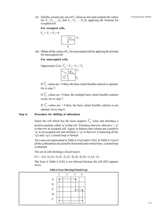 (ii) Initially, assume any one of Ui values as zero and compute the values
for U1, U2, …,Ui and V1, V2, …,Vj by applying the formula for
occupied cell.

Transportation Model

For occupied cells,
Cij + Ui + Vj = 0
Ui

C ij
A
Vj

(iii) Obtain all the values of Cij for unoccupied cells by applying the formula
for unoccupied cell.
For unoccupied cells,
Opportunity Cost, Cij = Cij + Ui + Vj
Ui

Cij

Ci

Vj

If Cij values are > 0 then, the basic initial feasible solution is optimal.
Go to step 7.
If Cij values are =0 then, the multiple basic initial feasible solution
exists. Go to step 7.
If Cij values are < 0 then, the basic initial feasible solution is not
optimal. Go to step 6.
Step 6:

Procedure for shifting of allocations
Select the cell which has the most negative Cij value and introduce a
positive quantity called ‘q’ in that cell. To balance that row, allocate a ‘– q’
to that row in occupied cell. Again, to balance that column put a positive
‘q’ in an occupied cell and similarly a ‘-q’ to that row. Connecting all the
‘q’s and ‘-q’s, a closed loop is formed.
Two cases are represented in Table 6.11(a) and 6.11(b). In Table 6.11(a) if
all the q allocations are joined by horizontal and vertical lines, a closed loop
is obtained.
The set of cells forming a closed loop is
CL = {(A, 1), (A, 3), (C, 3), (C, 4), (E, 4), (E, 1), (A, 1)}
The loop in Table 6.11(b) is not allowed because the cell (D3) appears
twice.
Table 6.11(a): Showing Closed Loop

1
A

*

2

3

4

*

B
C

*

*

D
E

*

*

179

 