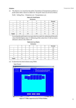 Transportation Model

Solution:
(i)

The objective is to maximize the profits. Formulation of transportation problem as
profit matrix table is shown in Table 6.43. The profit values are arrived as follows.
Profit = Selling Price – Production cost –Transportation cost
Table 6.43: Profit Matrix
Destination
A

B

C

D

Demand

1

6

4

10

15

100

2

4

3

8

11

200

3

10

7

12

10

120

4

1

7

13

9

80

5

9

9

7

8

70

Supply

150

250

100

70

570

Converting the profit matrix to an equivalent loss matrix by subtracting all the profit
values from the highest value 13. Subtracting all the values from 13, the loss matrix
obtained is shown in the Table 6.44
Table 6.44: Loss Matrix
Destination
A

B

C

D

Demand

1

9

11

5

0

100

2

11

12

7

4

200

3

5

8

3

5

120

4

14

8

2

6

80

5

6

6

8

7

70

Supply

150

250

100

70

570

(ii) To determine the initial solution using TORA
Input Screen:

Figure 6.7: TORA, Input Screen for TP Max Problem

195

 