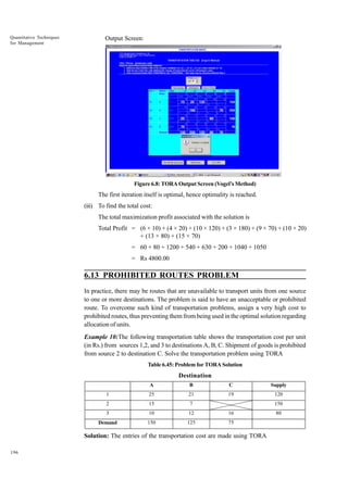 Quantitative Techniques
for Management

Output Screen:

Figure 6.8: TORA Output Screen (Vogel’s Method)

The first iteration itself is optimal, hence optimality is reached.
(iii) To find the total cost:
The total maximization profit associated with the solution is
Total Profit = (6 × 10) + (4 × 20) + (10 × 120) + (3 × 180) + (9 × 70) + (10 × 20)
+ (13 × 80) + (15 × 70)
= 60 + 80 + 1200 + 540 + 630 + 200 + 1040 + 1050
= Rs 4800.00

6.13 PROHIBITED ROUTES PROBLEM
In practice, there may be routes that are unavailable to transport units from one source
to one or more destinations. The problem is said to have an unacceptable or prohibited
route. To overcome such kind of transportation problems, assign a very high cost to
prohibited routes, thus preventing them from being used in the optimal solution regarding
allocation of units.
Example 10:The following transportation table shows the transportation cost per unit
(in Rs.) from sources 1,2, and 3 to destinations A, B, C. Shipment of goods is prohibited
from source 2 to destination C. Solve the transportation problem using TORA
Table 6.45: Problem for TORA Solution

Destination
A

B

C

Supply

1

25

21

19

120

2

15

7

3

10

12

16

Demand

150

125

75

150

Solution: The entries of the transportation cost are made using TORA
196

80

 