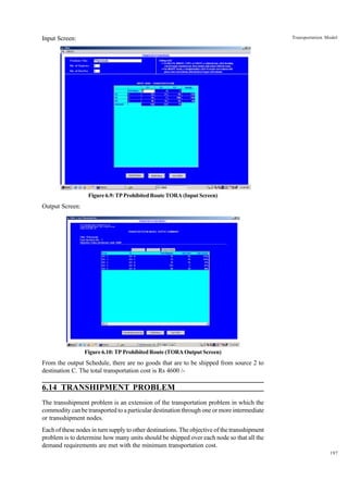 Transportation Model

Input Screen:

Figure 6.9: TP Prohibited Route TORA (Input Screen)

Output Screen:

Figure 6.10: TP Prohibited Route (TORA Output Screen)

From the output Schedule, there are no goods that are to be shipped from source 2 to
destination C. The total transportation cost is Rs 4600 /-

6.14 TRANSHIPMENT PROBLEM
The transshipment problem is an extension of the transportation problem in which the
commodity can be transported to a particular destination through one or more intermediate
or transshipment nodes.
Each of these nodes in turn supply to other destinations. The objective of the transshipment
problem is to determine how many units should be shipped over each node so that all the
demand requirements are met with the minimum transportation cost.
197

 