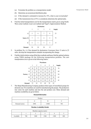 Transportation Model

(a)
(b)

Determine an economical distribution plan.

(c)

If the demand is estimated to increase by 15%, what is your revised plan?

(d)
4.

Formulate the problem as a transportation model.

If the transmission loss of 5% is considered, determine the optimal plan.

Find the initial transportation cost for the transportation matrix given using NorthWest corner method, Least cost method and Vogel’s Approximation Method.
Destination
1

2

3

4

Supply

A

5

6

7

8

25

Source B

7

5

4

2

75

C

6

1

3

2

15

Demand

50

30

20

15

5.

In problem No. 4, if the demand for destination 4 increases from 15 units to 25
units, develop the transportation schedule incorporating the change.

6.

Find the initial solution using all the three methods and hence find the optimal solution
using TORA package for the following transportation problem. The unit
transportation cost is given in the following matrix:
Warehouse
1

3

4

5

6

Supply

A

10

25

35

16

18

22

70

B

11

22

16

18

22

19

60

Factory C

21

32

41

20

20

11

50

D

25

24

23

22

23

24

85

E

16

21

18

20

19

16

45

Demand

7.

2

55

45

35

40

70

65

The Sharp Manufacturing Company produces three types of monoblock pumps for
domestic use. Five machines are used for manufacturing the pumps. The production
rate varies for each machine and also the unit product cost. Daily demand and
machine availability are given below.
Demand Information
Product
A

C

2000

Demand (units)

B
15000

700

Machine Availability Details
Machine capacity (units)
1
Available

2

3

4

5

700

1000

1500

1200

800
203

 