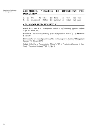 Quantitative Techniques
for Management

6.20 MODEL
DISCUSSION
3.
5.

(a)
(a)

True
(b)
consignment

ANSWERS
False
(b) least

(c)
(c)

TO

QUESTIONS

False
(d) False
customer (d) product

(e)
(e)

FOR
True
equal

6.21 SUGGESTED READINGS
Render, B. E. Stair, R.M., Management Science: A self-correcting approach, Boston
Allyn and Bacon, Inc.
Bowman E., Production Scheduling by the transportation method of LP, “Operation
Research”.
Srinivasan V., “A transshipment model for cost management decision.” Management
Science, Vol. 20, June 1974.
Sadleir C.D., Use of Transportation Method of LP in Production Planning: A Case
Study, “Operation Research” Vol. 21. No. 4.

208

 