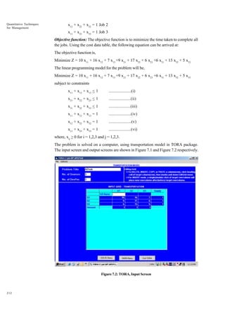 Quantitative Techniques
for Management

x12 + x22 + x32 = 1 Job 2
x13 + x23 + x33 = 1 Job 3
Objective function: The objective function is to minimize the time taken to complete all
the jobs. Using the cost data table, the following equation can be arrived at:
The objective function is,
Minimize Z = 10 x11 + 16 x12 + 7 x13 +9 x21 + 17 x22 + 6 x23 +6 x31 + 13 x32 + 5 x33
The linear programming model for the problem will be,
Minimize Z = 10 x11 + 16 x12 + 7 x13 +9 x21 + 17 x22 + 6 x23 +6 x31 + 13 x32 + 5 x33
subject to constraints
x11 + x12 + x13 < 1

....................(i)

x21 + x22 + x23 < 1

....................(ii)

x31 + x32 + x33 < 1

....................(iii)

x11 + x12 + x13 = 1

....................(iv)

x12 + x22 + x32 = 1

....................(v)

x13 + x23 + x33 = 1

....................(vi)

where, xij > 0 for i = 1,2,3 and j = 1,2,3.
The problem is solved on a computer, using transportation model in TORA package.
The input screen and output screens are shown in Figure 7.1 and Figure 7.2 respectively.

Figure 7.2: TORA, Input Screen

212

 