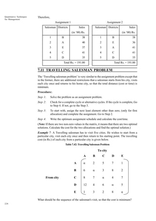 Quantitative Techniques
for Management

Therefore,
Assignment 1

Assignment 2

Salesman Districts

Sales

Salesman Districts

(in ’00) Rs.

Sales
(in ’00) Rs.

1

B

38

1

B

38

2

A

40

2

E

36

3

E

37

3

A

41

4

C

41

4

C

41

5

D

35

5

D

35

Total Rs. = 191.00

Total Rs. = 191.00

7.11 TRAVELLING SALESMAN PROBLEM
The ‘Travelling salesman problem’ is very similar to the assignment problem except that
in the former, there are additional restrictions that a salesman starts from his city, visits
each city once and returns to his home city, so that the total distance (cost or time) is
minimum.
Procedure:
Step 1:

Solve the problem as an assignment problem.

Step 2:

Check for a complete cycle or alternative cycles. If the cycle is complete, Go
to Step 4. If not, go to the Step 3.

Step 3:

To start with, assign the next least element other than zero, (only for first
allocation) and complete the assignment. Go to Step 2.

Step 4:

Write the optimum assignment schedule and calculate the cost/time.

(Note: If there are two non-zero values in the matrix, it means that there are two optimal
solutions. Calculate the cost for the two allocations and find the optimal solution.)
Example 7: A Travelling salesman has to visit five cities. He wishes to start from a
particular city, visit each city once and then return to his starting point. The travelling
cost (in Rs.) of each city from a particular city is given below.
Table 7.42: Travelling Salesman Problem

To city
A

C

D

E

A

á

2

5

7

1

B

6

á

3

8

2

C

8

7

á

4

7

D

12

4

6

á

5

E

From city

B

1

3

2

8

á

What should be the sequence of the salesman's visit, so that the cost is minimum?
228

 