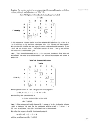 Solution: The problem is solved as an assignment problem using Hungarian method; an
optimal solution is reached as shown in Table 7.43.

Assignment Model

Table 7.43: Optimal Solution Reached Using Hungarian Method

To city
A

C

D

E

A

á

1

3

6

0

B

4

á

0

6

0
×

C

4

3

á

0

3

D

8

1

á

1

E

From city

B

0

0
×

7

á

0

2

In this assignment, it means that the travelling salesman will start from city A, then go to
city E and return to city A without visiting the other cities. The cycle is not complete.
To overcome this situation, the next highest element can be assigned to start with. In this
case it is 1, and there are three 1’s. Therefore, consider all these 1’s one by one and find
the route which completes the cycle.
Case 1: Make the assignment for the cell (A, B) which has the value 1. Now, make the
assignments for zeros in the usual manner. The resulting assignments are shown in
Table 7.44.
Table 7.44: Resulting Assignment

To city
A

C

D

E

A

á

1

3

6

B

4

á

0

6

0
×
0
×

C

4

3

á

0

3

D

8

0
×

1

á

1

E

From city

B

0

2

0
×

7

á

The assignment shown in Table 7.42 gives the route sequence
A Æ B, B Æ C, C Æ D, D ÆE and E Æ A.
The travelling cost to this solution is
= 2000 + 3000 + 4000 + 5000 + 1000
= Rs.15,000.00
Case 2: If the assignment is made for cell (D, C) instead of (D, E), the feasible solution
cannot be obtained. The route for the assignment will be A Æ B Æ C Æ DÆ C. In
this case, the salesman visits city C twice and cycle is not complete.
Therefore the sequence feasible for this assignment is
A Æ B Æ C Æ D Æ E Æ A.
with the travelling cost of Rs.15,000.00
229

 