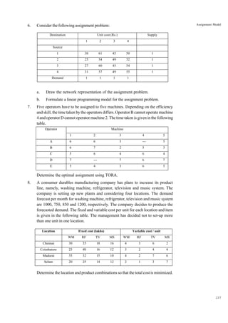 6.

Assignment Model

Consider the following assignment problem:
Destination

Unit cost (Rs.)

Supply

1

2

3

4

1

30

61

45

50

1

2

25

54

49

52

1

3

27

60

45

54

1

4

31

57

49

55

1

Demand

1

1

1

1

Source

a.
b.
7.

Draw the network representation of the assignment problem.
Formulate a linear programming model for the assignment problem.

Five operators have to be assigned to five machines. Depending on the efficiency
and skill, the time taken by the operators differs. Operator B cannot operate machine
4 and operator D cannot operator machine 2. The time taken is given in the following
table.
Operator

Machine
1

2

3

4

5

A

6

6

3

---

5

B

6

7

2

5

3

C

5

6

4

6

4

D

7

---

7

6

7

E

5

4

3

6

5

Determine the optimal assignment using TORA.
8.

A consumer durables manufacturing company has plans to increase its product
line, namely, washing machine, refrigerator, television and music system. The
company is setting up new plants and considering four locations. The demand
forecast per month for washing machine, refrigerator, television and music system
are 1000, 750, 850 and 1200, respectively. The company decides to produce the
forecasted demand. The fixed and variable cost per unit for each location and item
is given in the following table. The management has decided not to set-up more
than one unit in one location.
Location

Fixed cost (lakhs)

Variable cost / unit

WM

RF

TV

MS

WM

RF

TV

MS

Chennai

30

35

18

16

4

3

6

2

Coimbatore

25

40

16

12

3

2

4

4

Madurai

35

32

15

10

4

2

7

6

Selam

20

25

14

12

2

1

3

7

Determine the location and product combinations so that the total cost is minimized.

237

 