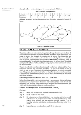 Quantitative Techniques
for Management

Example 4: Draw a network diagram for a project given in Table 8.4.
Table 8.4: Project Activity Sequence
Activity
Immediate
Predecessor

A
-

B
A

C
B

D
A

E
D

F
C, E

G
D

H
D

I
H

J
H

K
F, H

L
G, J

Solution: An activity network diagram describing the project is shown in Figure 8.15,
below:

C

F

B
A

K
E

Dummy
H

J

D

L
G
Figure 8.15: Network Diagram

8.6 CRITICAL PATH ANALYSIS
The critical path for any network is the longest path through the entire network. Since all
activities must be completed to complete the entire project, the length of the critical path
is also the shortest time allowable for completion of the project. Thus if the project is to
be completed in that shortest time, all activities on the critical path must be started as
soon as possible. These activities are called critical activities. If the project has to be
completed ahead of the schedule, then the time required for at least one of the critical
activity must be reduced. Further, any delay in completing the critical activities will increase
the project duration.
The activity, which does not lie on the critical path, is called non-critical activity. These
non-critical activities may have some slack time. The slack is the amount of time by
which the start of an activity may be delayed without affecting the overall completion
time of the project. But a critical activity has no slack. To reduce the overall project time,
it would require more resources (at extra cost) to reduce the time taken by the critical
activities to complete.
Scheduling of Activities: Earliest Time and Latest Time
Before the critical path in a network is determined, it is necessary to find the earliest and
latest time of each event to know the earliest expected time (TE) at which the activities
originating from the event can be started and to know the latest allowable time (TL) at
which activities terminating at the event can be completed.
Forward Pass Computations (to calculate Earliest, Time TE)
Procedure
Step 1:
Step 2:

Put TE = 0 for the start event.

Step 3:

248

Begin from the start event and move towards the end event.
Go to the next event (i.e node 2) if there is an incoming activity for event 2,
add calculate T E of previous event (i.e event 1) and activity time.
Note: If there are more than one incoming activities, calculate TE for all
incoming activities and take the maximum value. This value is the TE for
event 2.

Step 4:

Repeat the same procedure from step 3 till the end event.

 