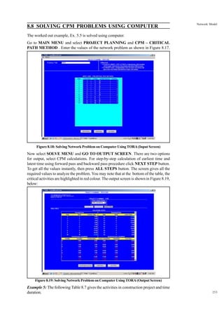 8.8 SOLVING CPM PROBLEMS USING COMPUTER

Network Model

The worked out example, Ex. 5.5 is solved using computer.
Go to MAIN MENU and select PROJECT PLANNING and CPM – CRITICAL
PATH METHOD . Enter the values of the network problem as shown in Figure 8.17.

Figure 8.18: Solving Network Problem on Computer Using TORA (Input Screen)

Now select SOLVE MENU and GO TO OUTPUT SCREEN. There are two options
for output, select CPM calculations. For step-by-step calculation of earliest time and
latest time using forward pass and backward pass procedure click NEXT STEP button.
To get all the values instantly, then press ALL STEPS button. The screen gives all the
required values to analyze the problem. You may note that at the bottom of the table, the
critical activities are highlighted in red colour. The output screen is shown in Figure 8.19,
below:

Figure 8.19: Solving Network Problem on Computer Using TORA (Output Screen)

Example 5: The following Table 8.7 gives the activities in construction project and time
duration.

253

 