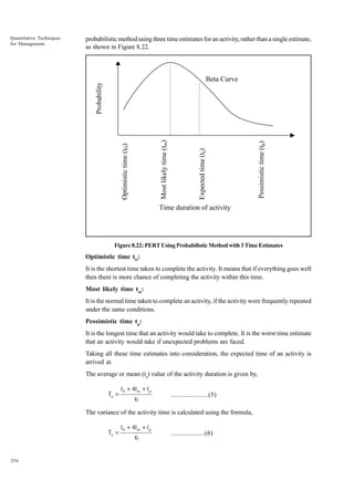 probabilistic method using three time estimates for an activity, rather than a single estimate,
as shown in Figure 8.22.

Pessimistic time (tp)

Most likely time (tm)

Optimistic time (tO)

Expected time (te)

Beta Curve

Probability

Quantitative Techniques
for Management

Time duration of activity

Figure 8.22: PERT Using Probabilistic Method with 3 Time Estimates

Optimistic time tO:
It is the shortest time taken to complete the activity. It means that if everything goes well
then there is more chance of completing the activity within this time.
Most likely time tm:
It is the normal time taken to complete an activity, if the activity were frequently repeated
under the same conditions.
Pessimistic time tp:
It is the longest time that an activity would take to complete. It is the worst time estimate
that an activity would take if unexpected problems are faced.
Taking all these time estimates into consideration, the expected time of an activity is
arrived at.
The average or mean (ta) value of the activity duration is given by,

Ta =

t0 + 4tm + tp
6

.....................(5)

The variance of the activity time is calculated using the formula,

Ta =

256

t0 + 4tm + tp
6

...................(6)

 
