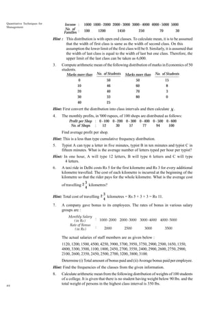 Quantitative Techniques for
Management

Income :
No. of
Families :

1000 1000 - 2000 2000 - 3000 3000 - 4000 4000 - 5000 5000
100

1200

1450

250

70

30

Hint : This distribution is with open end classes. To calculate mean, it is to be assumed
that the width of first class is same as the width of second class. On this
assumption the lower limit of the first class will be 0. Similarly, it is assumed that
the width of last class is equal to the width of last but one class. Therefore, the
upper limit of the last class can be taken as 6,000.
3.

Compute arithmetic mean of the following distribution of marks in Economics of 50
students.
Marks more than
0
10
20
30
40

No. of Students
50
46
40
33
25

Marks more than
50
60
70
80

No. of Students
15
8
3
0

Hint: First convert the distribution into class intervals and then calculate X .
4.

The monthly profits, in '000 rupees, of 100 shops are distributed as follows:
Profit per Shop : 0 - 100 0 - 200 0 - 300 0 - 400 0 - 500 0 - 600
No. of Shops :
12
30
57
77
94
100

Find average profit per shop.
Hint: This is a less than type cumulative frequency distribution.
5.

Typist A can type a letter in five minutes, typist B in ten minutes and typist C in
fifteen minutes. What is the average number of letters typed per hour per typist?

Hint: In one hour, A will type 12 letters, B will type 6 letters and C will type
4 letters.
6.

A taxi ride in Delhi costs Rs 5 for the first kilometre and Rs 3 for every additional
kilometre travelled. The cost of each kilometre is incurred at the beginning of the
kilometre so that the rider pays for the whole kilometre. What is the average cost
of travelling 2

3
kilometres?
4

Hint: Total cost of travelling 2
7.

3
kilometres = Rs 5 + 3 + 3 = Rs 11.
4

A company gave bonus to its employees. The rates of bonus in various salary
groups are :
Monthly Salary
: 1000 - 2000 2000 - 3000 3000 - 4000 4000 - 5000
( in Rs )
Rate of Bonus
:
2000
2500
3000
3500
( in Rs )

The actual salaries of staff members are as given below :
1120, 1200, 1500, 4500, 4250, 3900, 3700, 3950, 3750, 2900, 2500, 1650, 1350,
4800, 3300, 3500, 1100, 1800, 2450, 2700, 3550, 2400, 2900, 2600, 2750, 2900,
2100, 2600, 2350, 2450, 2500, 2700, 3200, 3800, 3100.
Determine (i) Total amount of bonus paid and (ii) Average bonus paid per employee.
Hint: Find the frequencies of the classes from the given information.
8.
40

Calculate arithmetic mean from the following distribution of weights of 100 students
of a college. It is given that there is no student having weight below 90 lbs. and the
total weight of persons in the highest class interval is 350 lbs.

 