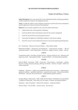 QUANTITATIVE TECHNIQUES FOR MANAGEMENT

Number of Credit Hours : 3 (Three)

Subject Description: This course presents the various mathematical models, networking, probability,
inventory models and simulations for managerial decisions.
Goals: To enable the students to learn techniques of operations research and resources management
and their application in decision making in the management.
Objectives: On successful completion of the course the students should have:
1.

Understood the basic of the quantitative techniques.

2.

Learnt the feasible solution and optimum solution for the resource management.

3.

Learnt the time estimation and critical path for project.

4.

Learnt about the application of probability techniques in the decision making.

5.

Learnt the various inventory models and simulations in the resource planning and management.
UNIT I

QT – Introduction – Measures of Central Tendency – Mean, Median, Mode.
Mathematical Models – deterministic and probabilistic – simple business examples – OR and
optimization models – Linear Programming – formulation – graphical solution –simplex – solution.
UNIT II
Transportation model – Initial Basic Feasible solutions – optimum solution for non – degeneracy and
degeneracy model – Trans-shipment Model – Assignment Model – Travelling Salesmen problem.
UNIT III
Network Model – networking – CPM – critical path – Time estimates – critical path – crashing,
Resource levelling, Resources planning. Waiting Line Model – Structure of model – M/M/1 for
infinite population.
UNIT IV
Probability – definitions – addition and multiplication Rules (only statements) – simple business
application problems – probability distribution – expected value concept – theoretical probability
distributions – Binomial, Poison and Normal – Simple problems applied to business.
UNIT V
Inventory Models – Deterministic – EOQ – EOQ with Price Breaks – Probabilistic Inventory Models
- Probabilistic EOQ model – Game theory-zero sum games: Arithmetic and Graphical Method.
Simulation – types of simulation – Monte Carlo simulation – simulation problems.
Decision Theory – Pay off tables – decision criteria – decision trees.

 