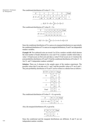 Quantitative Techniques
for Management

The conditional distribution of X when Y = 5 is

1
2
3
Total
1 6 1 1 6 1 1 6 1
1
× =
× =
× =
Pi / Y = 5
18 1 3 18 1 3 18 1 3
X

1
(1 + 2 + 3) = 2
3
The conditional distribution of Y when X = 2 is
 E ( X / Y = 5) =

1
1
6

Y
Pj′ / X = 2

2
1
6

 E (Y / X = 2) =

3
1
6

4
1
6

5
1
6

6 Total
1
1
6

1
(1 + 2 + 3 + 4 + 5 + 6) = 3.5
6

Since the conditional distribution of X is same as its marginal distribution (or equivalently
the conditional distribution of Y is same as its marginal distribution), X and Y are independent
random variables.
Example 10: Two unbiased coins are tossed. Let X be a random variable which denotes
the total number of heads obtained on a toss and Y be a random variable which takes a
value 1 if head occurs on first coin and takes a value 0 if tail occurs on it. Construct the
joint probability distribution of X and Y. Find the conditional distribution of X when Y = 0.
Are X and Y independent random variables?
Solution: There are 4 elements in the sample space of the random experiment. The
possible values that X can take are 0, 1 and 2 and the possible values of Y are 0 and 1.
The joint probability distribution of X and Y can be written in a tabular form as follows :

X ↓ Y → 0
1
0
4
1
1
4
2

0

Total

2
4

1 Total
1
0
4
1
2
4
4
1
1
4
4
2
1
4

The conditional distribution of X when Y = 0, is given by

X

0
1
2

P ( X / Y = 0)

1
1
2

2 Total
0

1

Also, the marginal distribution of X, is given by

X

1

Pi

420

0
1
4

1
2

2 Total
1
1
4

Since the conditional and the marginal distributions are different, X and Y are not
independent random variables.

 