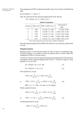 Quantitative Techniques
for Management

The computations of EMV, for alternative possible values of A, are shown in the following
table :
In our example, π = 3 and λ = 2
Thus, the expression for the expected marginal profit of the Ath unit

= (3 + 2 ) P ( D ≥ A ) − 2 = 5P ( D ≥ A ) − 2.
Table for Computations

Action( A) P ( D ≥ A ) * EMP = 5P ( D ≥ A ) − 2
5
6

5 × 1.00 − 2 = 3.00
5 × 0.90 − 2 = 2.50
5 × 0.70 − 2 = 1.50

0.70
0.40
0.15

5 × 3.00 = 15.00
15.00 + 2.50 = 17.50
17.50 + 1.50 = 19.00

5 × 0.40 − 2 = 0.00
5 × 0.15 − 2 = −1.25

1.00
0.90

7
8
9

Total profit or
EMV

19.00 + 0.00 = 19.00
19.00 − 1.25 = 17.75

* This column represents the 'more than type' cumulative probabilities.

Since the expected marginal profit (EMP) of the 8th unit is zero, therefore, optimal order
is 8 units.

Marginal Analysis
Marginal analysis is used when the number of states of nature is considerably large.
Using this analysis, it is possible to locate the optimal course of action without the
computation of EMV's of various actions.
An order of A units is said to be optimal if the expected marginal profit of the Ath unit is
non-negative and the expected marginal profit of the (A + 1)th unit is negative. Using
equation (1), we can write

(π + λ ) P ( D ≥ A ) − λ ≥ 0

and

(π + λ ) P ( D ≥ A + 1) − λ < 0

.... (2)
.... (3)

From equation (2), we get

P (D ≥ A) ≥

or

λ
λ
or 1 − P ( D < A ) ≥
π +λ
π +λ

P (D < A ) ≤ 1 −

λ
π
or P ( D ≤ A − 1) ≤
π +λ
π +λ

.... (4)

[P(D ≤ A - 1) = P(D < A), since A is an integer]
Further, equation (3) gives

P ( D ≥ A + 1) <

or

λ
λ
or 1 − P ( D < A + 1) <
π +λ
π +λ

P (D < A + 1) > 1 −

λ
π
or P ( D ≤ A ) >
π +λ
π +λ

Combining (4) and (5), we get

P ( D ≤ A − 1) ≤
434

π
< P (D ≤ A) .
π +λ

.... (5)

 
