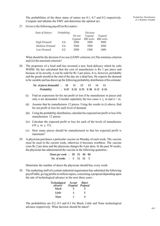 The probabilities of the three states of nature are 0.1, 0.7 and 0.2 respectively.
Compute and tabulate the EMV and determine the optimal act.

Probability Distribution
of a Random Variable

27. Given is the following payoff (in Rs) matrix :
State of Nature
High Demand
Medium Demand
Low Demand

Probability
0.4
0.4
0.2

Do not
Expand
2500
2500
2500

Decision
Expand
Expand
200 units 400 units
3500
5000
3500
2500
1500
1000

What should be the decision if we use (i) EMV criterion, (ii) The minimax criterion
and (iii) the maximin criterion?
28. The proprietor of a food stall has invented a new food delicacy which he calls
WHIM. He has calculated that the cost of manufacture is Re 1 per piece and
because of its novelty, it can be sold for Rs 3 per piece, It is, however, perishable
and the goods unsold at the end of the day are a dead loss. He expects the demand
to be variable and has drawn up the following probability distribution of his estimate:
11
12
13
14
15
No. of pieces demanded : 10
Probability
: 0.07 0.10 0. 23 0. 38 0.12 0.10

(i)

Find an expression for his net profit or loss if he manufacture m pieces and
only n are demanded. Consider separately the two cases n ≤ m and n > m.

(ii)

Assume that he manufactures 12 pieces. Using the results in (i) above, find
his net profit or loss for each level of demand.

(iii) Using the probability distribution, calculate his expected net profit or loss if he
manufactures 12 pieces.
(iv) Calculate the expected profit or loss for each of the levels of manufacture
(10 ≤ m ≤ 15).
(v)

How many pieces should be manufactured so that his expected profit is
maximum?

29. A physician purchases a particular vaccine on Monday of each week. The vaccine
must be used in the current week, otherwise it becomes worthless. The vaccine
costs Rs 2 per dose and the physician charges Rs 4 per dose. In the past 50 weeks,
the physician has administered the vaccine in the following quantities :
Doses per week : 20 25 40 60
No. of weeks : 5 15 25 5

Determine the number of doses the physician should buy every week.
30. The marketing staff of a certain industrial organisation has submitted the following
payoff table, giving profits in million rupees, concerning a proposal depending upon
the rate of technological advance in the next three years :
Reject
Technological Accept
advance
Proposal Proposal
Much
2
3
Little
5
2
None
1
4

The probabilities are 0.2, 0.5 and 0.3 for Much, Little and None technological
advance respectively. What decision should be taken?

443

 
