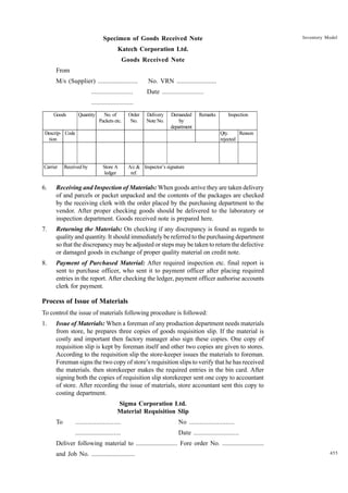 Inventory Model

Specimen of Goods Received Note
Katech Corporation Ltd.
Goods Received Note
From
M/s (Supplier) ........................
........................

No. VRN ........................
Date ........................

........................
Goods

Quantity

No. of
Packets etc.

Order
No.

Delivery
Note No.

Demanded
by
department

Remarks

Descrip- Code
tion

Carrier

Inspection

Qty.
Reason
rejected

Received by

Store A
ledger

A/c & Inspector’s signature
ref.

6.

Receiving and Inspection of Materials: When goods arrive they are taken delivery
of and parcels or packet unpacked and the contents of the packages are checked
by the receiving clerk with the order placed by the purchasing department to the
vendor. After proper checking goods should be delivered to the laboratory or
inspection department. Goods received note is prepared here.

7.

Returning the Materials: On checking if any discrepancy is found as regards to
quality and quantity. It should immediately be referred to the purchasing department
so that the discrepancy may be adjusted or steps may be taken to return the defective
or damaged goods in exchange of proper quality material on credit note.

8.

Payment of Purchased Material: After required inspection etc. final report is
sent to purchase officer, who sent it to payment officer after placing required
entries in the report. After checking the ledger, payment officer authorise accounts
clerk for payment.

Process of Issue of Materials
To control the issue of materials following procedure is followed:
1.

Issue of Materials: When a foreman of any production department needs materials
from store, he prepares three copies of goods requisition slip. If the material is
costly and important then factory manager also sign these copies. One copy of
requisition slip is kept by foreman itself and other two copies are given to stores.
According to the requisition slip the store-keeper issues the materials to foreman.
Foreman signs the two copy of store’s requisition slips to verify that he has received
the materials. then storekeeper makes the required entries in the bin card. After
signing both the copies of requisition slip storekeeper sent one copy to accountant
of store. After recording the issue of materials, store accountant sent this copy to
costing department.
Sigma Corporation Ltd.
Material Requisition Slip
To

..........................

No ..........................

..........................

Date ..........................

Deliver following material to .......................... Fore order No. ..........................
and Job No. ..........................

455

 