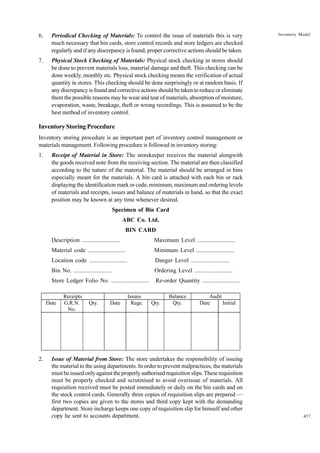6.

Periodical Checking of Materials: To control the issue of materials this is very
much necessary that bin cards, store control records and store ledgers are checked
regularly and if any discrepancy is found, proper corrective actions should be taken.

7.

Inventory Model

Physical Stock Checking of Materials: Physical stock checking in stores should
be done to prevent materials loss, material damage and theft. This checking can be
done weekly, monthly etc. Physical stock checking means the verification of actual
quantity in stores. This checking should be done surprisingly or at random basis. If
any discrepancy is found and corrective actions should be taken to reduce or eliminate
them the possible reasons may be wear and tear of materials, absorption of moisture,
evaporation, waste, breakage, theft or wrong recordings. This is assumed to be the
best method of inventory control.

Inventory Storing Procedure
Inventory storing procedure is an important part of inventory control management or
materials management. Following procedure is followed in inventory storing:
1.

Receipt of Material in Store: The storekeeper receives the material alongwith
the goods received note from the receiving section. The material are then classified
according to the nature of the material. The material should be arranged in bins
especially meant for the materials. A bin card is attached with each bin or rack
displaying the identification mark or code, minimum, maximum and ordering levels
of materials and receipts, issues and balance of materials in hand, so that the exact
position may be known at any time whenever desired.
Specimen of Bin Card
ABC Co. Ltd.
BIN CARD
Description .........................

Maximum Level .........................

Material code .........................

Minimum Level .........................

Location code .........................

Danger Level .........................

Bin No. .........................

Ordering Level .........................

Store Ledger Folio No. .........................

Re-order Quantity .........................

Date

2.

Receipts
G.R.N.
No.

Qty.

Date

Issues
Rege.

Qty.

Balance
Qty.

Audit
Date
Initial

Issue of Material from Store: The store undertakes the responsibility of issuing
the material to the using departments. In order to prevent malpractices, the materials
must be issued only against the properly authorised requisition slips. These requisition
must be properly checked and scrutinised to avoid overissue of materials. All
requisition received must be posted immediately or daily on the bin cards and on
the stock control cards. Generally three copies of requisition slips are prepared —
first two copies are given to the stores and third copy kept with the demanding
department. Store incharge keeps one copy of requisition slip for himself and other
copy he sent to accounts department.

457

 