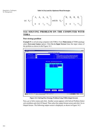 Quantitative Techniques
for Management

Table 14.31(a) and (b): Optimum Mixed Strategies

A1 A2 A3 A4
(a) SA =

B1

B2

B3

B4

0

0

3

16

and (b) SB =
0

0

5

/19

14

/19

/19

/19

14.6 SOLVING PROBLEM ON THE COMPUTER WITH
TORA
Pure strategy problem
Example 9: is solved using computer with TORA. From Main menu of TORA package
select Zero-sum Games option. Click Go to Input Screen Enter the input values of
the problem as shown in the Figure 14.1.

Figure 14.1: Solving Pure Strategy Problem Using TORA (Input Screen)

Now, go to Solve menu and click. Another screen appears with Solved Problem Select
solve problem and click LP-based. Then select the output format screen and click Go to
Output Screen. The following output screen is displayed, as shown in Figure 14.2.

484

 