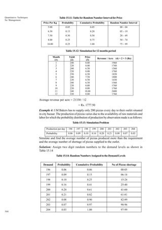 Quantitative Techniques
for Management

Table 15.11: Table for Random Number Interval for Price
Price Per Kg

Probability

Cumulative Probability

Random Number Interval

5.00

0.05

0.05

00 – 04

6.50

0.15

0.20

05 – 19

7.50

0.30

0.50

20 – 49

8.00

0.25

0.75

50 – 74

10.00

0.25

1.00

75 – 99

Table 15.12: Simulation for 12 months period
Month
(1)
1
2
3
4
5
6
7
8
9
10
11
12

Yield
(2)
240
220
240
220
250
240
220
240
220
220
240
220

Price
(3)
8.00
8.00
6.50
8.00
6.50
7.50
6.50
6.50
8.00
8.00
10.00
8.00

Revenue / Acre

(4) = 2 × 3 (Rs)

1960
1760
1560
1760
1820
1800
1430
1560
1760
1760
2400
1760

Average revenue per acre = 21330 / 12
= Rs. 1777.50
Example 4: J.M Bakers has to supply only 200 pizzas every day to their outlet situated
in city bazaar. The production of pizzas varies due to the availability of raw materials and
labor for which the probability distribution of production by observation made is as follows:
Table 15.13: Simulation Problem
Production per day

196

197

198

199

200

201

202

203

204

Probability

0.06

0.09

0.10

0.16

0.20

0.21

0.08

0.07

0.03

Simulate and find the average number of pizzas produced more than the requirement
and the average number of shortage of pizzas supplied to the outlet.
Solution: Assign two digit random numbers to the demand levels as shown in
Table 15.14
Table 15.14: Random Numbers Assigned to the Demand Levels
Demand

Cumulative Probability

No of Pizzas shortage

196

0.06

0.06

00-05

197

0.09

0.15

06-14

198

0.10

0.25

15-24

199

0.16

0.41

25-40

200

0.20

0.61

41-60

201

0.21

0.82

61-81

202

0.08

0.90

82-89

203
500

Probability

0.07

0.97

90-96

204

0.03

1.00

97-99

 