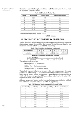 Quantitative Techniques
for Management

The dentist was not idle during the simulation period. The waiting times for the patients
are as given in Table 15.22 below.
Table 15.22: Patient's Waiting Time
Patient
1
2
3
4
5
6
7
8

Arrival Time
8.00
8.30
9.00
9.30
10.00
10.30
11.00
11.30

Service Starts
8.00
9.00
9.15
10.00
10.45
11.30
11.45
12.30
Total

Waiting time (minutes)
0
30
15
30
45
60
45
60
285

The average waiting time of patients = 285/8
= 35.625 minutes.

15.6 SIMULATION OF INVENTORY PROBLEMS
A dealer of electrical appliances has a certain product for which the probability distribution
of demand per day and the probability distribution of the lead-time, developed by past
records are as shown in Table 15.23 and 10.24 respectively
Table 15.23: Probability distribution of lead demand
Demand (Units)

2

3

4

5

6

7

8

9

10

Probability

0.05

0.07

0.09

0.15

0.20

0.21

0.10

0.07

0.06

Table 15.24: Probability distribution of lead time
Lead Time (Days)
Probability

1
0.20

2
0.30

3
0.35

4
0.15

The various costs involved are,
Ordering Cost = Rs. 50 per order
Holding Cost = Rs.1 per unit per day
Shortage Cost = Rs. 20 per unit per day
The dealer is interested in having an inventory policy with two parameters, the reorder
point and the order quantity, i.e., at what level of existing inventory should an order be
placed and the number of units to be ordered. Evaluate a simulation plan for 35 days,
which calls for a reorder quantity of 35 units and a re-order level of 20 units, with a
beginning inventory balance of 45 units.
Solution: Assigning of random number intervals for the demand distribution and leadtime distribution is shown in Tables 15.25 and 15.26 respectively.
Table 15.25: Random Numbers Assigned for Demand Per Day
Demand per day

Cumulative probability

Random Number Interval

2

0.05

0.05

00-04

3

0.07

0.12

05-11

4

0.09

0.21

12-20

5

0.15

0.36

21-35

6

0.20

0.56

36-55

7

0.21

0.77

56-76

8

0.10

0.87

77-86

9
504

Probability

0.07

0.94

87-93

10

0.06

1.00

94-99

 
