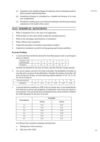 (c)

Simulation is the valuable technique for analysing various maintenance policies
before actually implementing them,

(d)

Simulations technique in considered as a valuable tool because of its wide
area of application.

(e)

Simulation

Simulation is nothing more or less them the technique of performing sampling
experiment on the model of the system.

15.11 TERMINAL QUESTIONS
1.

What is simulation? Give a few areas of its application.

2.

With the help of a flow chart, briefly explain the simulation process.

3.

What are the advantages and limitations of simulation?

4.

What is Monte Carlo simulation?

5.

Explain the procedure of simulation using random numbers.

6.

Explain how simulation is useful in solving queuing and inventory problems.

Exercise Problem
1.

A sweet stall observed that the demand for item Mysorpa per week in one kilogram
pack is as follows:
Demand / week
(per kilo pack)
Frequency

5

10

15

20

25

30

4

22

16

42

10

6

Generate the demand for the next 10 weeks, and also find the average demand.
2.

At a service station, cars arrive for water-wash daily. The probability of number of
cars that arrive are given in the table below. Simulate the number of cars that will
arrive for the next 10 days. Use the following random numbers: 87, 01, 74, 11, 46,
82, 59, 94, 25 and 34.
Cars arrival per day

6

7

8

9

10

Probability

3.

5
0.2

0.15

0.3

0.25

0.05

0.05

A private bank has installed an ATM in the city bazaar area. It was found that the
time between an arrival and completion of transaction varies from one minute to
seven minutes. The arrival and service distribution times are given below. Simulate
the ATM operations for the next 30 arrivals.
Probability
Time (minutes)
Arrival

Service

1-2

0.10

0.05

2-3

0.15

0.15

3-4

0.30

0.30

4-5

0.25

0.20

5-6

0.10

0.15

6-7

0.10

0.15

Use Monte-Carlo simulation technique and determine:
a.

Waiting time of the customers.

b.

Idle time of the ATM.

509

 