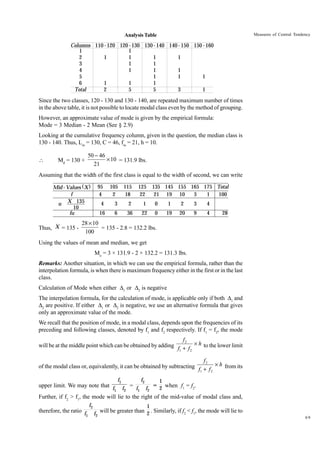 Measures of Central Tendency

Analysis Table

Columns 110 - 120 120 - 130 130 - 140 140 - 150 150 - 160
1
1
2
1
1
1
1
3
1
1
4
1
1
1
5
1
1
1
6
1
1
1
Total
2
5
5
3
1

Since the two classes, 120 - 130 and 130 - 140, are repeated maximum number of times
in the above table, it is not possible to locate modal class even by the method of grouping.
However, an approximate value of mode is given by the empirical formula:
Mode = 3 Median - 2 Mean (See § 2.9)
Looking at the cumulative frequency column, given in the question, the median class is
130 - 140. Thus, Lm = 130, C = 46, fm = 21, h = 10.


Md = 130 +

50 - 46
¥ 10 = 131.9 lbs.
21

Assuming that the width of the first class is equal to the width of second, we can write
Mid - Values ( X )
f
X 135
u
10
fu

Thus, X = 135 -

95
4

105
2

115
18

125
22

135 145 155 165 175 Total
21 19 10
3
1
100

4

3

2

1

0

1

2

3

4

16

6

36

22

0

19

20

9

4

28

28 ¥ 10
= 135 - 2.8 = 132.2 lbs.
100

Using the values of mean and median, we get
Mo = 3 × 131.9 - 2 × 132.2 = 131.3 lbs.
Remarks: Another situation, in which we can use the empirical formula, rather than the
interpolation formula, is when there is maximum frequency either in the first or in the last
class.
Calculation of Mode when either D1 or D2 is negative
The interpolation formula, for the calculation of mode, is applicable only if both D1 and
D2 are positive. If either D1 or D2 is negative, we use an alternative formula that gives
only an approximate value of the mode.
We recall that the position of mode, in a modal class, depends upon the frequencies of its
preceding and following classes, denoted by f1 and f2 respectively. If f1 = f2, the mode

f2
will be at the middle point which can be obtained by adding f + f ¥ h to the lower limit
1
2
f2
of the modal class or, equivalently, it can be obtained by subtracting f + f ¥ h from its
1
2
f1

f2

1

upper limit. We may note that f f = f f = 2 when f1 = f2.
1
2
1
2
Further, if f2 > f1, the mode will lie to the right of the mid-value of modal class and,
therefore, the ratio f
1

f2

1

will be greater than 2 . Similarly, if f2 < f1, the mode will lie to
f2

69

 