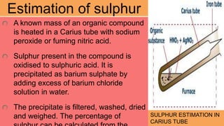 Estimation of sulphur
A known mass of an organic compound
is heated in a Carius tube with sodium
peroxide or fuming nitric acid.
Sulphur present in the compound is
oxidised to sulphuric acid. It is
precipitated as barium sulphate by
adding excess of barium chloride
solution in water.
The precipitate is filtered, washed, dried
and weighed. The percentage of SULPHUR ESTIMATION IN
CARIUS TUBE
 