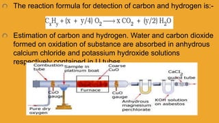 The reaction formula for detection of carbon and hydrogen is:-
Estimation of carbon and hydrogen. Water and carbon dioxide
formed on oxidation of substance are absorbed in anhydrous
calcium chloride and potassium hydroxide solutions
respectively contained in U tubes.
 