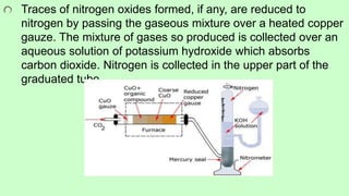 Traces of nitrogen oxides formed, if any, are reduced to
nitrogen by passing the gaseous mixture over a heated copper
gauze. The mixture of gases so produced is collected over an
aqueous solution of potassium hydroxide which absorbs
carbon dioxide. Nitrogen is collected in the upper part of the
graduated tube .
 