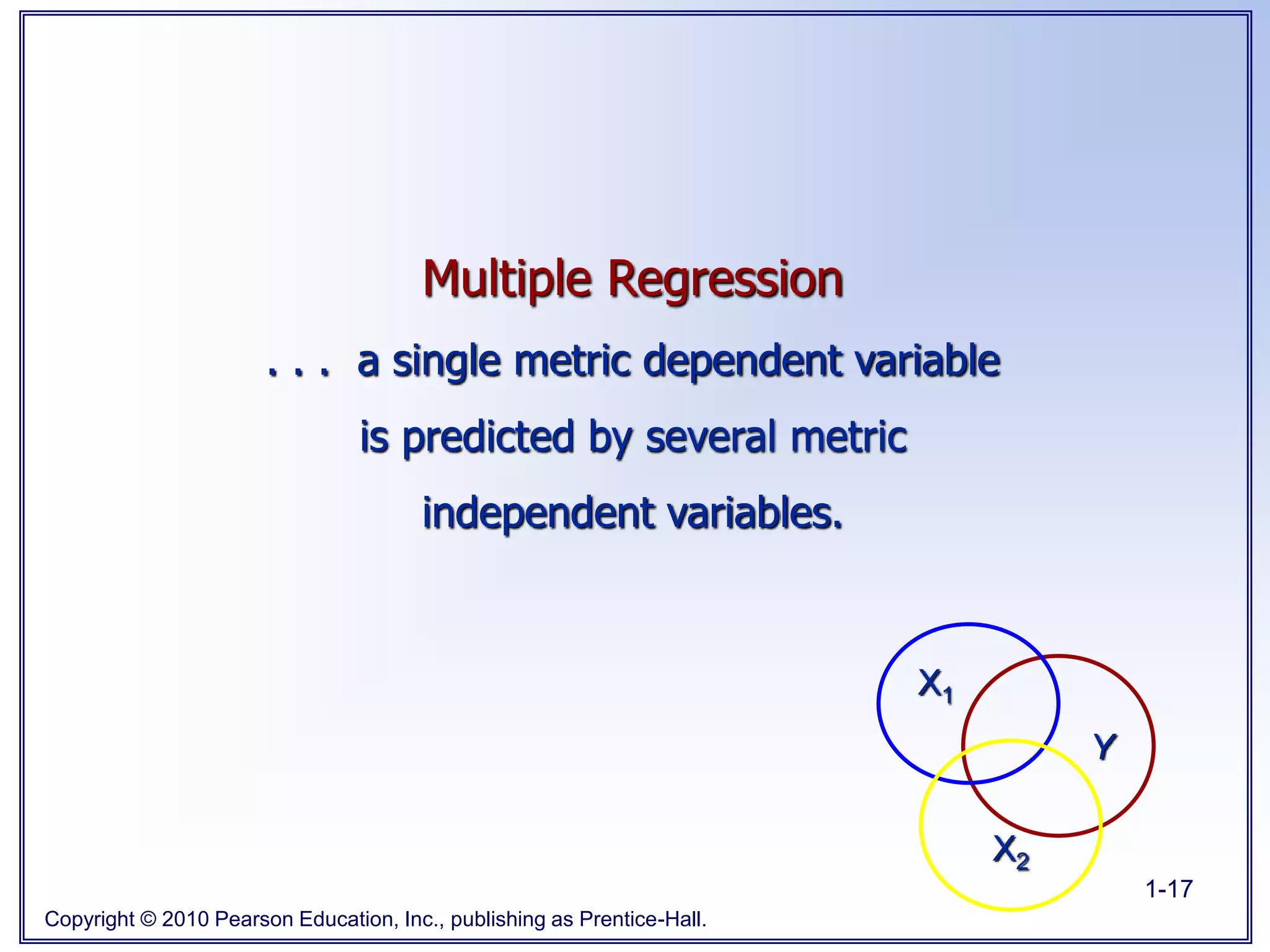 Copyright © 2010 Pearson Education, Inc., publishing as Prentice-Hall.
1-17
Multiple Regression
. . . a single metric dependent variable
is predicted by several metric
independent variables.
Y
X1
X2
 
