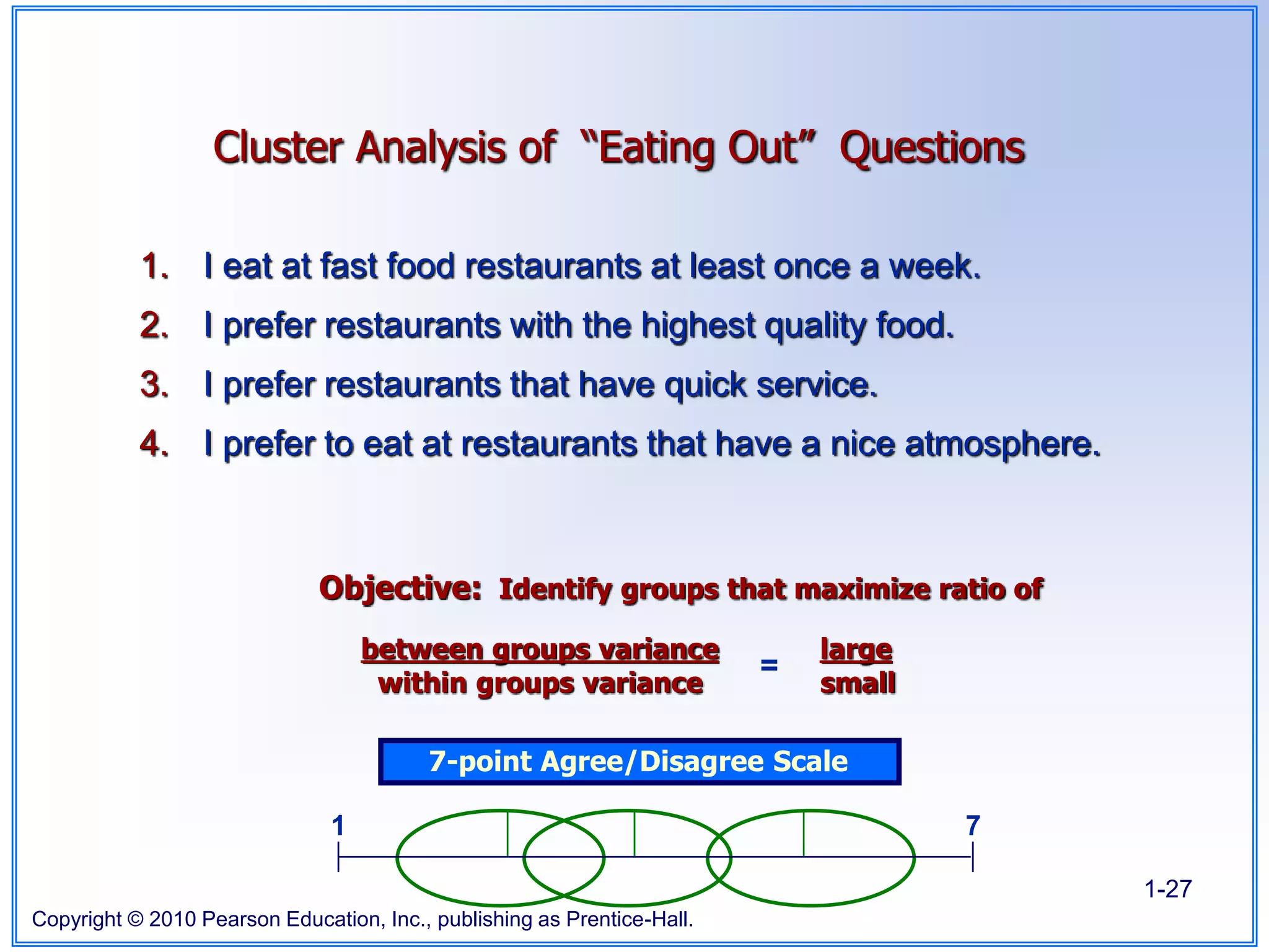 Copyright © 2010 Pearson Education, Inc., publishing as Prentice-Hall.
1-27
Cluster Analysis of “Eating Out” Questions
1. I eat at fast food restaurants at least once a week.
2. I prefer restaurants with the highest quality food.
3. I prefer restaurants that have quick service.
4. I prefer to eat at restaurants that have a nice atmosphere.
Objective: Identify groups that maximize ratio of
between groups variance large
within groups variance small
=
1 7
7-point Agree/Disagree Scale
 