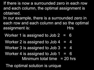 If there is now a surrounded zero in each row
and each column, the optimal assignment is
obtained.
In our example, there is a surrounded zero in
each row and each column and so the optimal
assignment is:                     Hrs
Worker 1 is assigned to Job 2 = 6
Worker 2 is assigned to Job 4 = 4
Worker 3 is assigned to Job 3 = 4
Worker 4 is assigned to Job 1 = 6
        Minimum total time = 20 hrs
 The optimal solution is unique
 