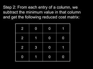 Step 2: From each entry of a column, we
subtract the minimum value in that column
and get the following reduced cost matrix:

         2       0      0      1

         2       1      0      0

         2       3      0      1

         0       1      0      0
 