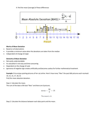 4. find the mean (average) of these differences
Merits of Mean Deviation
• Based on all observations
• It provides a minimum value when the deviations are taken from the median
• Independent of change of origin
Demerits of Mean Deviation
• Not easily understandable
• Its calculation is not easy and time-consuming
• Dependent on the change of scale
• Ignorance of negative sign creates artificiality and becomes useless for further mathematical treatment
Example: Erica enjoys posting pictures of her cat online. Here's how many "likes" the past 666 pictures each received:
10, 15, 15, 17, 18, 21
Find the mean absolute deviation.
Step 1: Calculate the mean.
The sum of the data is 96 total "likes" and there are 6 pictures.
Step 2: Calculate the distance between each data point and the mean.
 