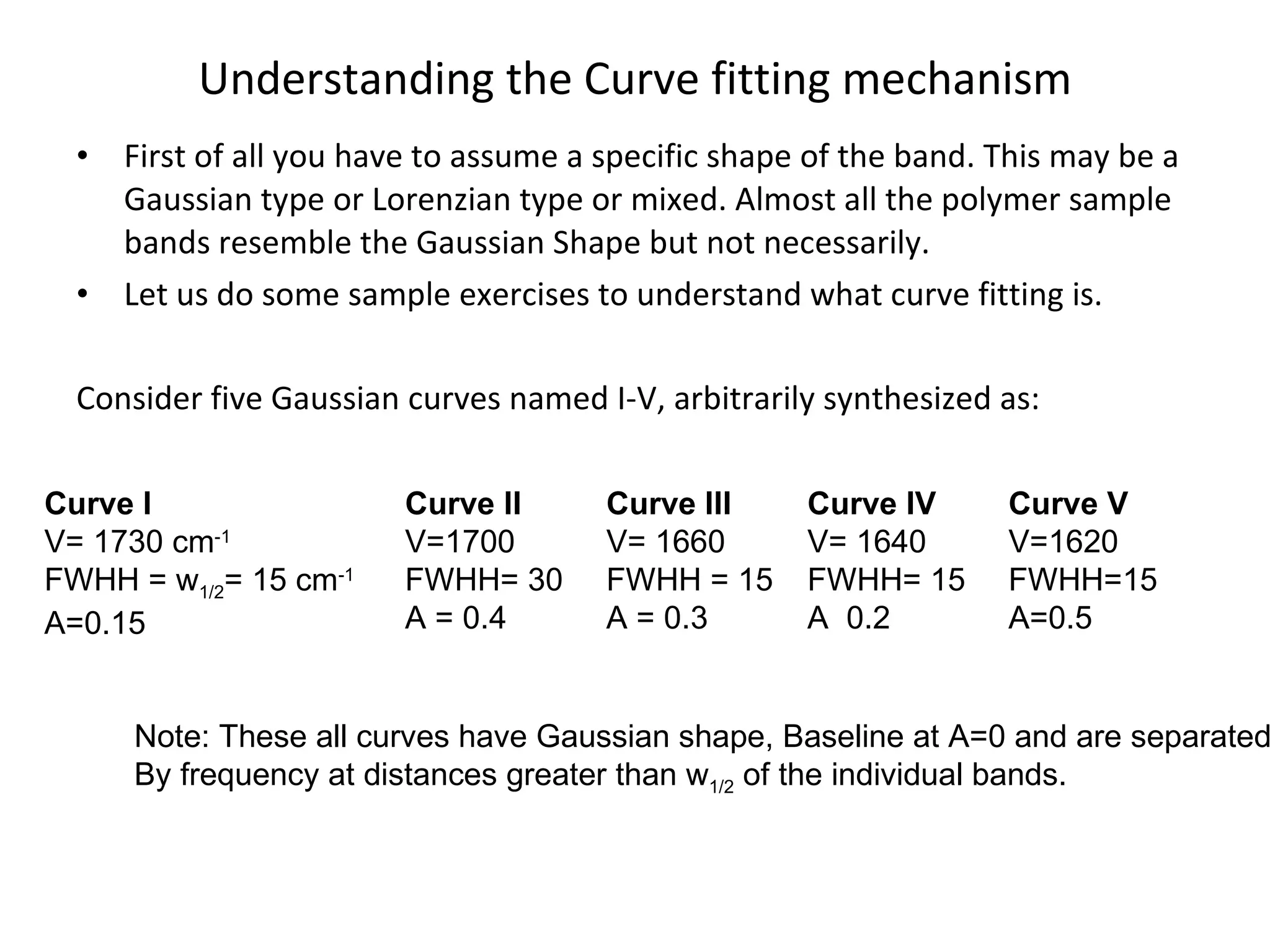 Understanding the Curve fitting mechanism First of all you have to assume a specific shape of the band. This may be a Gaussian type or Lorenzian type or mixed. Almost all the polymer sample bands resemble the Gaussian Shape but not necessarily. Let us do some sample exercises to understand what curve fitting is. Consider five Gaussian curves named I-V, arbitrarily synthesized as: Curve II V=1700 FWHH= 30 A = 0.4 Curve III V= 1660 FWHH = 15 A = 0.3 Curve IV V= 1640 FWHH= 15 A  0.2 Curve V V=1620 FWHH=15 A=0.5  Curve I V= 1730 cm -1 FWHH = w 1/2 = 15 cm -1 A=0.15  Note: These all curves have Gaussian shape, Baseline at A=0 and are separated  By frequency at distances greater than w 1/2  of the individual bands.  