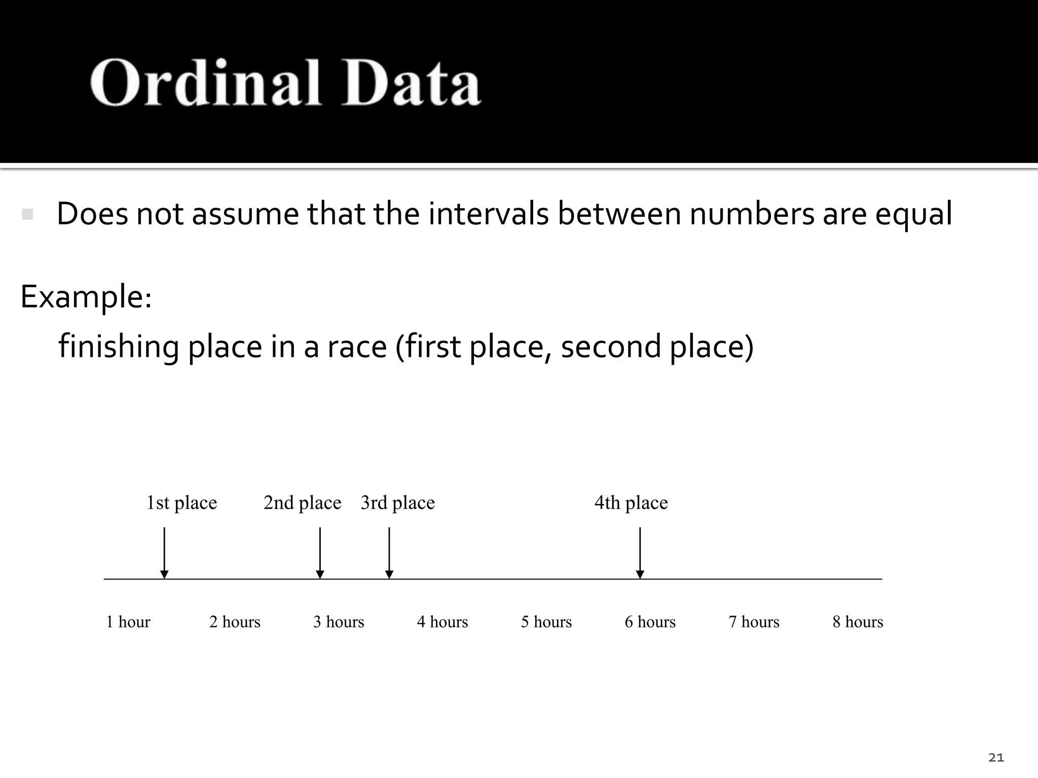  Does not assume that the intervals between numbers are equal
Example:
finishing place in a race (first place, second place)
1 hour 2 hours 3 hours 4 hours 5 hours 6 hours 7 hours 8 hours
1st place 2nd place 3rd place 4th place
21
 