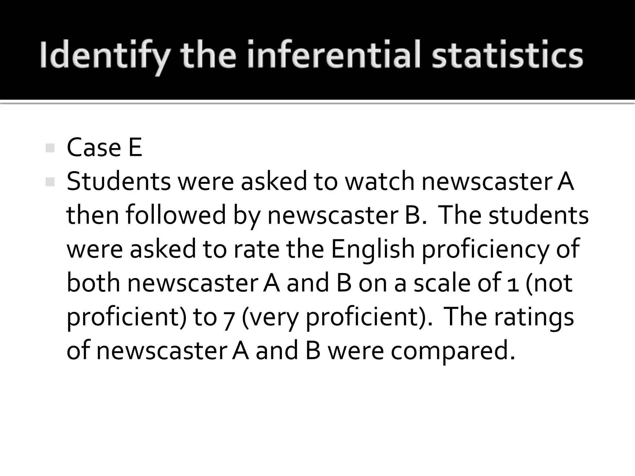  Case E
 Students were asked to watch newscasterA
then followed by newscaster B. The students
were asked to rate the English proficiency of
both newscasterA and B on a scale of 1 (not
proficient) to 7 (very proficient). The ratings
of newscasterA and B were compared.
 