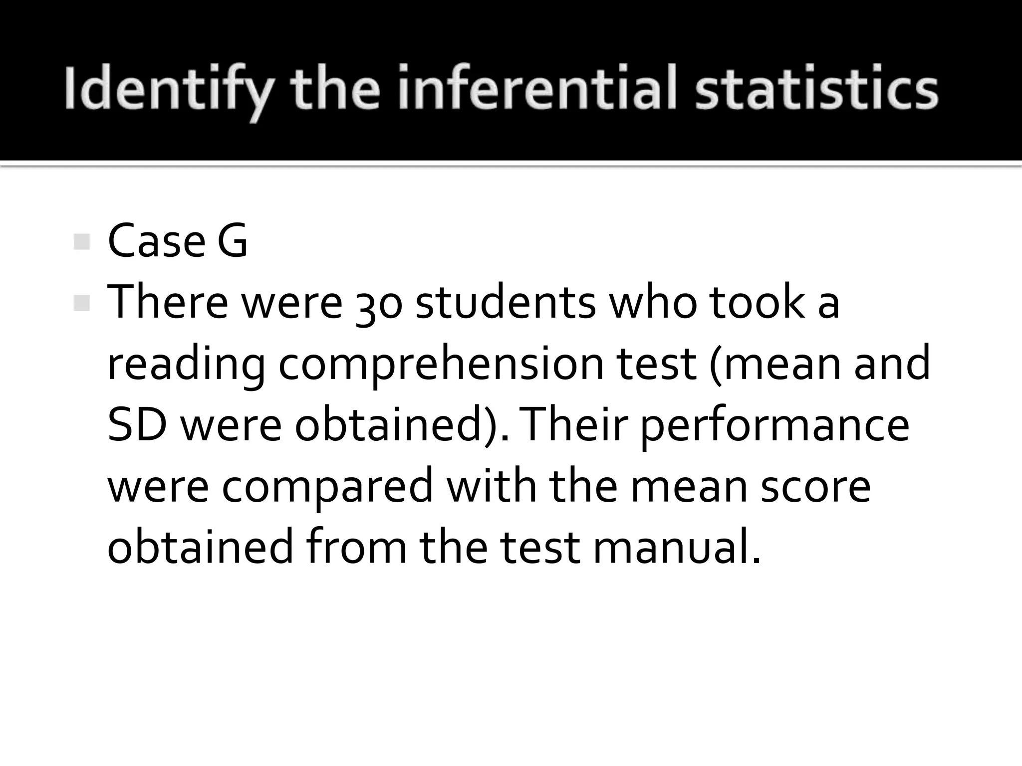  Case G
 There were 30 students who took a
reading comprehension test (mean and
SD were obtained).Their performance
were compared with the mean score
obtained from the test manual.
 