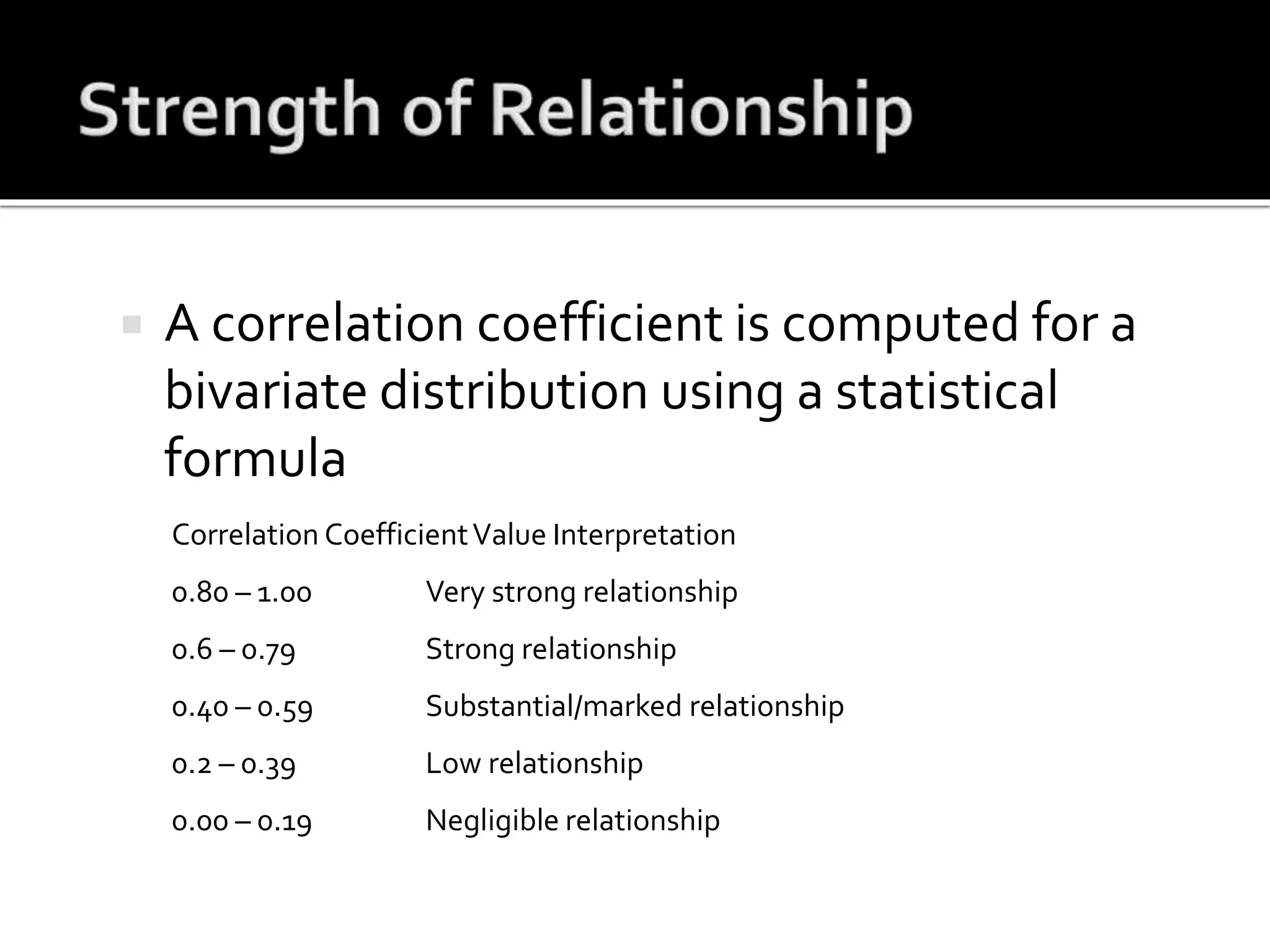  A correlation coefficient is computed for a
bivariate distribution using a statistical
formula
Correlation CoefficientValue Interpretation
0.80 – 1.00 Very strong relationship
0.6 – 0.79 Strong relationship
0.40 – 0.59 Substantial/marked relationship
0.2 – 0.39 Low relationship
0.00 – 0.19 Negligible relationship
 