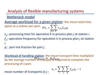 Analysis of flexible manufacturing systems
Bottleneck model
Average workload for a given station: the mean total time
spent at a station per part.

tijk: processing time for operation k in process plan j at station i.
fijk: operation frequency for operation k in process plan j at station
i.
pj: part mix fraction for part j.
Workload of handling station: the mean transport time multiplied
by the average number of transports required to complete the
processing of a part.
mean number of transports (nt) :

 