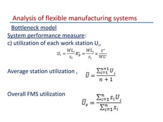Analysis of flexible manufacturing systems
Bottleneck model
System performance measure:
c) utilization of each work station Ui,

Average station utilization ,
Overall FMS utilization

 