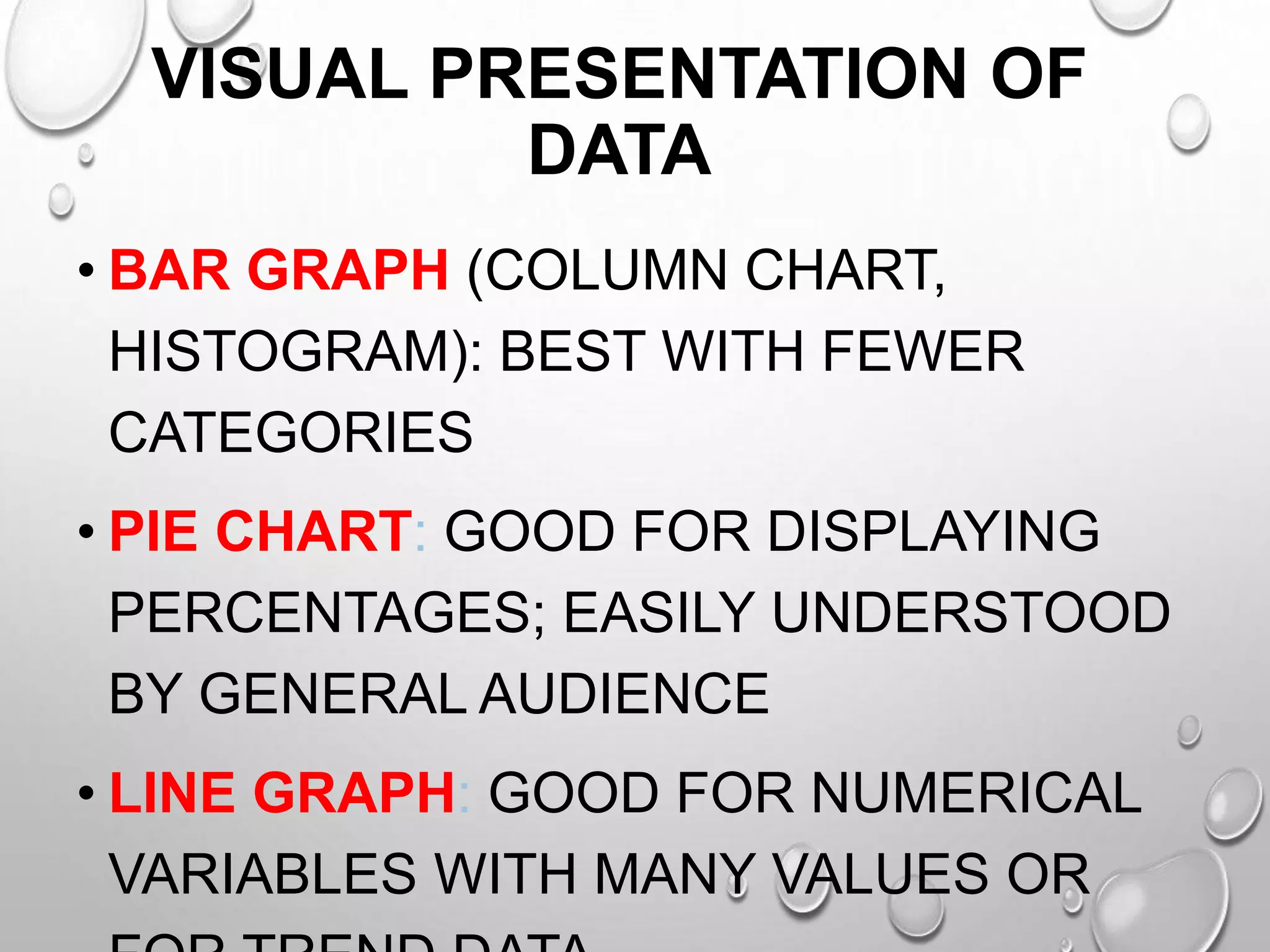 VISUAL PRESENTATION OF
DATA
• BAR GRAPH (COLUMN CHART,
HISTOGRAM): BEST WITH FEWER
CATEGORIES
• PIE CHART: GOOD FOR DISPLAYING
PERCENTAGES; EASILY UNDERSTOOD
BY GENERAL AUDIENCE
• LINE GRAPH: GOOD FOR NUMERICAL
VARIABLES WITH MANY VALUES OR
 