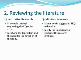 2. Reviewing the literature<br />Quantitative Research<br />Qualitative Research<br />Major role through suggesting the RQ...