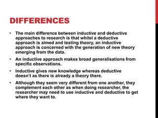 DIFFERENCES
• The main difference between inductive and deductive
approaches to research is that whilst a deductive
approach is aimed and testing theory, an inductive
approach is concerned with the generation of new theory
emerging from the data.
• An inductive approach makes broad generalisations from
specific observations.
• Inductive gives new knowledge whereas deductive
doesn’t as there is already a theory there.
• Although they seem very different from one another, they
complement each other as when doing researcher, the
researcher may need to use inductive and deductive to get
where they want to.
 