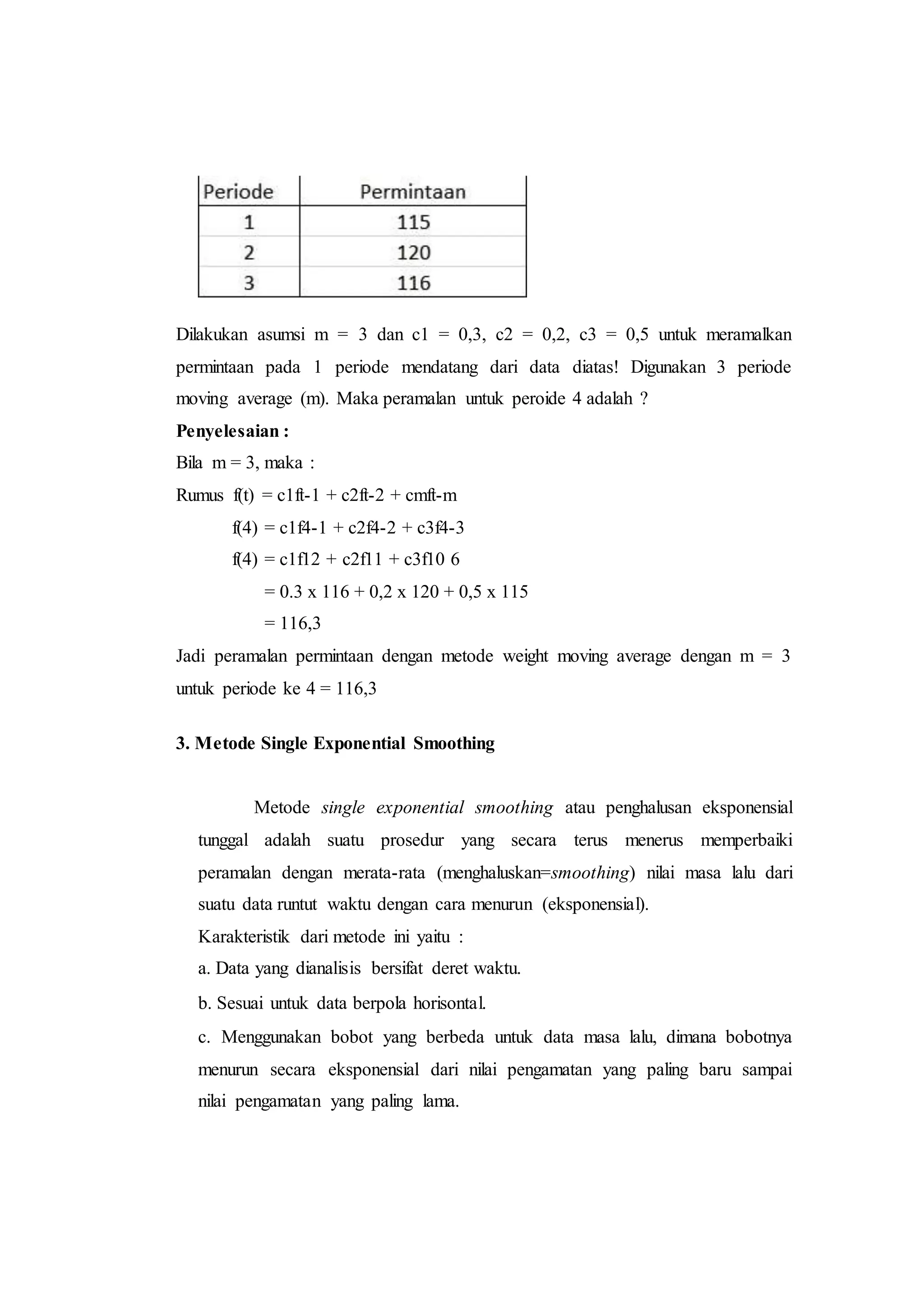 Dilakukan asumsi m = 3 dan c1 = 0,3, c2 = 0,2, c3 = 0,5 untuk meramalkan
permintaan pada 1 periode mendatang dari data diatas! Digunakan 3 periode
moving average (m). Maka peramalan untuk peroide 4 adalah ?
Penyelesaian :
Bila m = 3, maka :
Rumus f(t) = c1ft-1 + c2ft-2 + cmft-m
f(4) = c1f4-1 + c2f4-2 + c3f4-3
f(4) = c1f12 + c2f11 + c3f10 6
= 0.3 x 116 + 0,2 x 120 + 0,5 x 115
= 116,3
Jadi peramalan permintaan dengan metode weight moving average dengan m = 3
untuk periode ke 4 = 116,3
3. Metode Single Exponential Smoothing
Metode single exponential smoothing atau penghalusan eksponensial
tunggal adalah suatu prosedur yang secara terus menerus memperbaiki
peramalan dengan merata-rata (menghaluskan=smoothing) nilai masa lalu dari
suatu data runtut waktu dengan cara menurun (eksponensial).
Karakteristik dari metode ini yaitu :
a. Data yang dianalisis bersifat deret waktu.
b. Sesuai untuk data berpola horisontal.
c. Menggunakan bobot yang berbeda untuk data masa lalu, dimana bobotnya
menurun secara eksponensial dari nilai pengamatan yang paling baru sampai
nilai pengamatan yang paling lama.
 