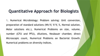 Quantitative Approach for Biologists
1. Numerical Microbiology: Problem solving: Unit conversion,
preparation of standard solutions (Wt/V, V/V, %, Normal solution,
Molar solutions etc.), Numerical Problems on size, volume,
number (CFU and PFU), dilutions, Neubauer chamber, direct
Microscopic count, Numerical Problems on Bacterial Growth.
Numerical problems on diversity indices.