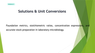 Solutions & Unit Conversions
Foundation metrics, stoichiometric ratios, concentration expressions, and
accurate stock preparation in laboratory microbiology.